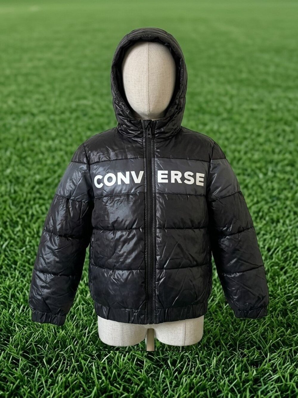 Converse Boys Puffer Jacket Youth Small 8-10 Black Gray Full-Zip Hooded Logo